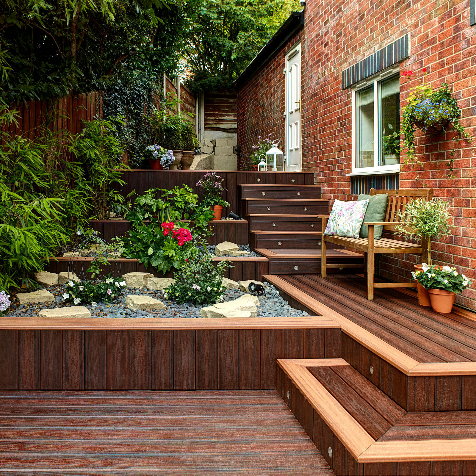 Landscaped UK garden with composite decking and raised beds